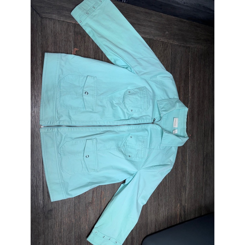 Chicos Mint Green Full Zip Utility Jacket Size 2 Large Four Pocket Ribbed Back